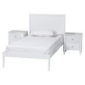 Baxton Studio Lara Twin 3-Piece Bedroom Set - Modern Wood Bed Frame with Matching Nightstands, Decorative Laser-Cut Headboard Overlay, White